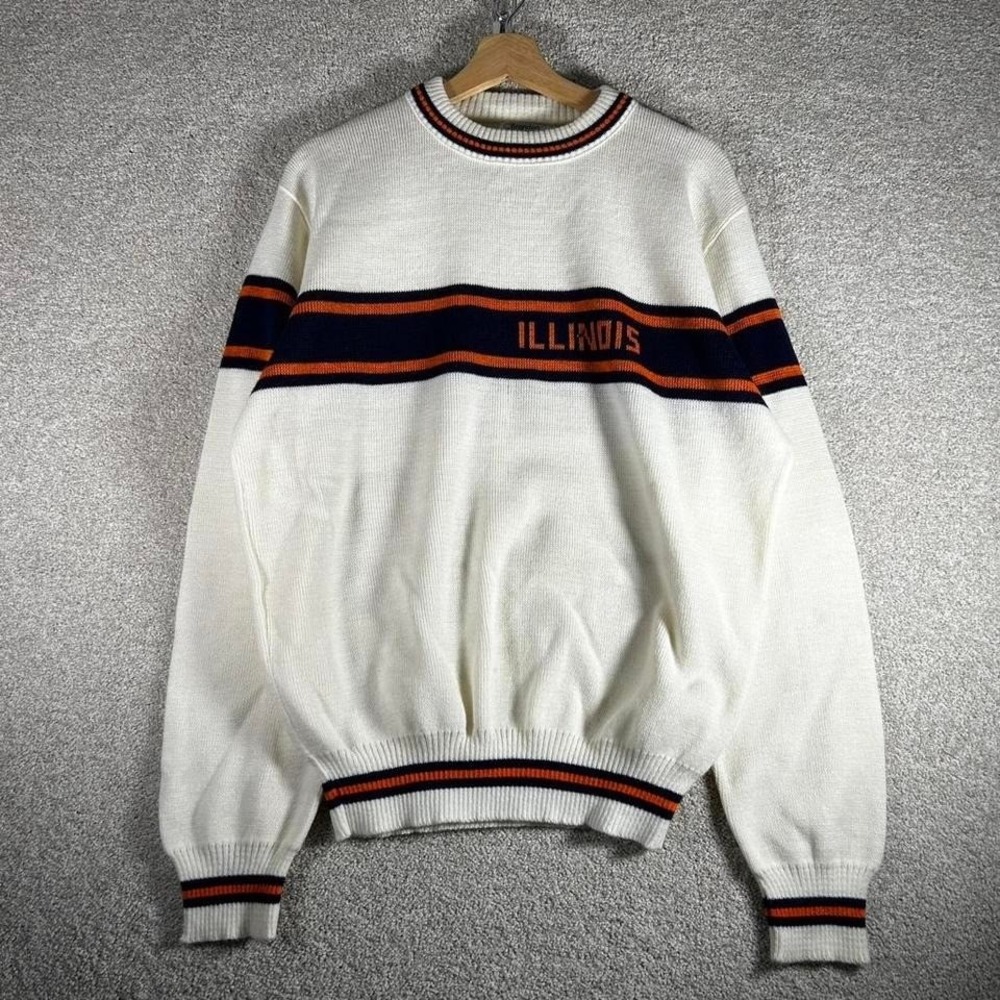 Vintage 70s/80s Illinois university white striped knit college preppy sweater XL